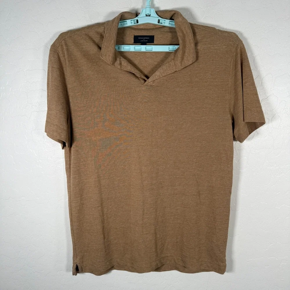 Banana Republic Polo Shirt Mens Medium Brown Linen Blend Short Sleeve Casual